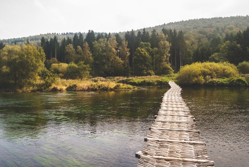 Wooden Bridge over River — Green, Serene, Afternoon, Photograph, Forest, Trees