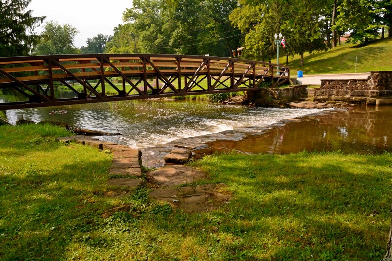 Wooden Bridge over River — Green, Serene, Afternoon, Photograph, Trees, Grass