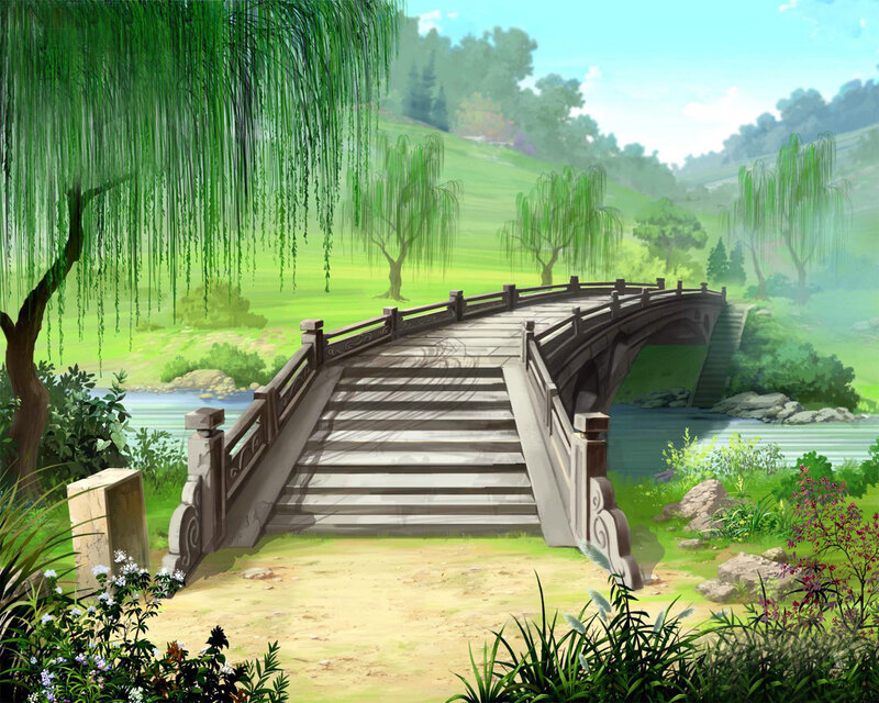 Wooden Bridge over River — Green