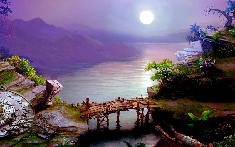 Wooden Bridge over River — Purple