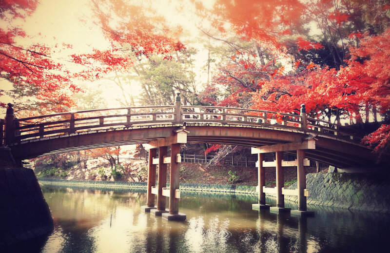 Wooden Bridge over River — Red, Serene