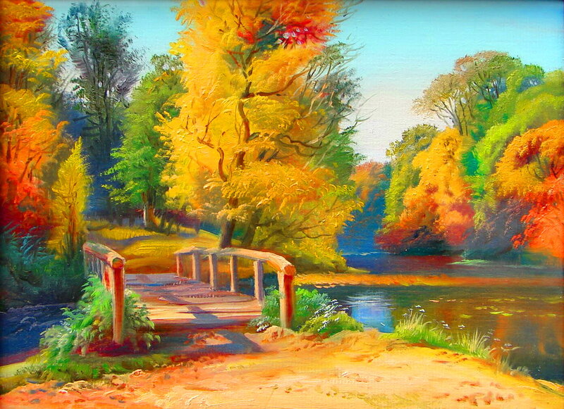 Wooden Bridge over River — Yellow, Serene, Autumn