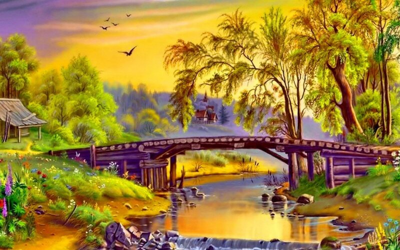 Wooden Bridge over River — Yellow, Serene