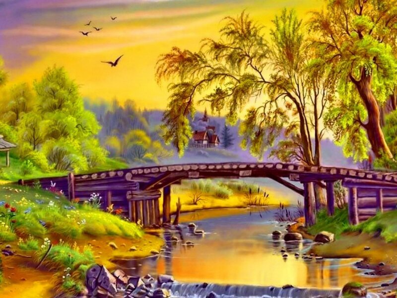 Wooden Bridge over River — Yellow