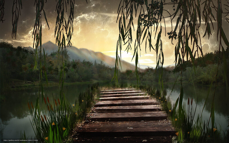 Wooden bridge over serene lake