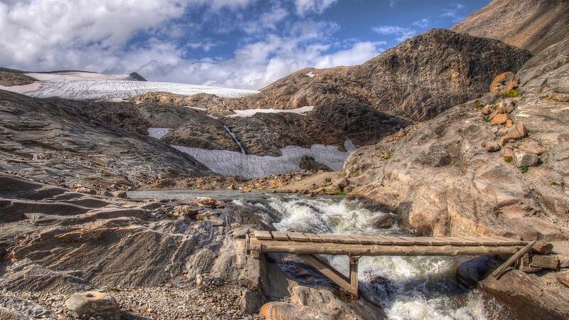 Wooden Bridge over Stream — Blue, Dramatic