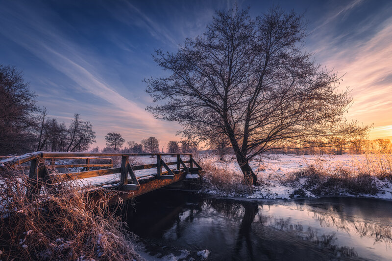 Wooden Bridge over Stream — Blue, Serene, Winter