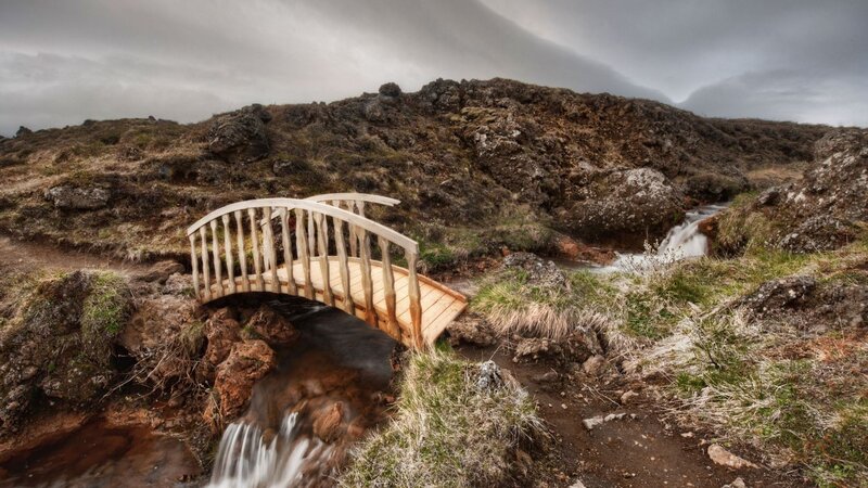 Wooden Bridge over Stream — Brown, Dramatic, Photograph