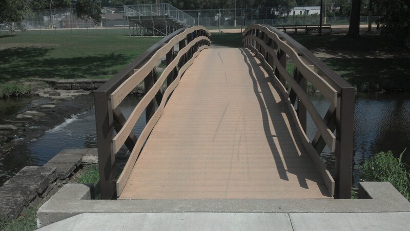 Wooden Bridge over Stream — Brown, Serene, Afternoon