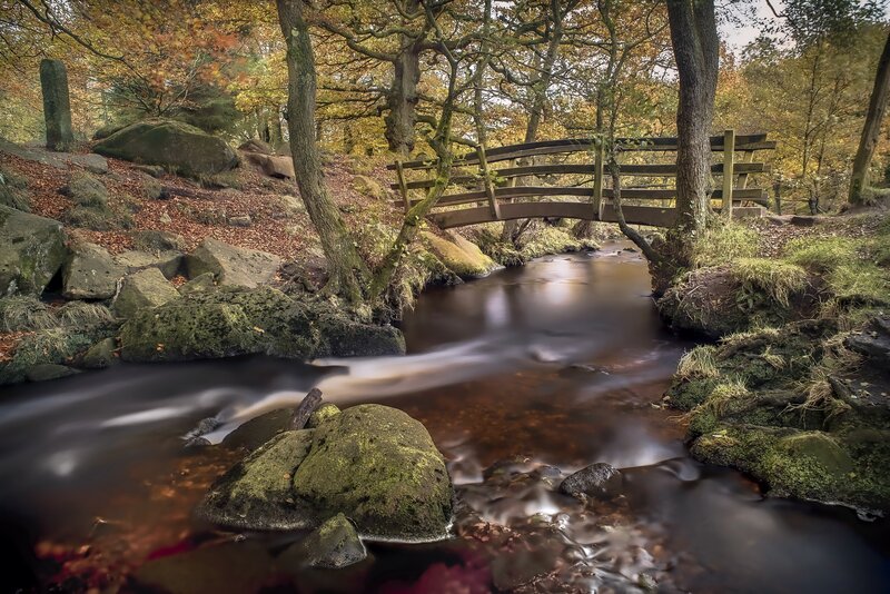 Wooden Bridge over Stream — Brown, Serene, Autumn, Photograph, Trees, Rocks