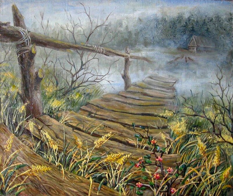 Wooden Bridge over Stream — Brown, Serene, Spring, Painting