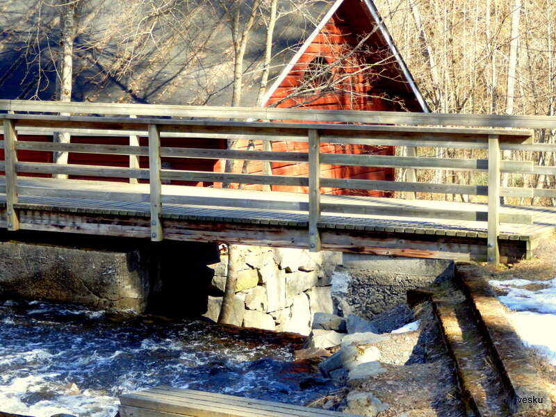 Wooden Bridge over Stream — Brown, Serene, Winter, Photograph, Red Cabin