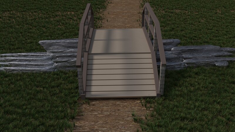 Wooden Bridge over Stream — Green, Serene, 3d Render
