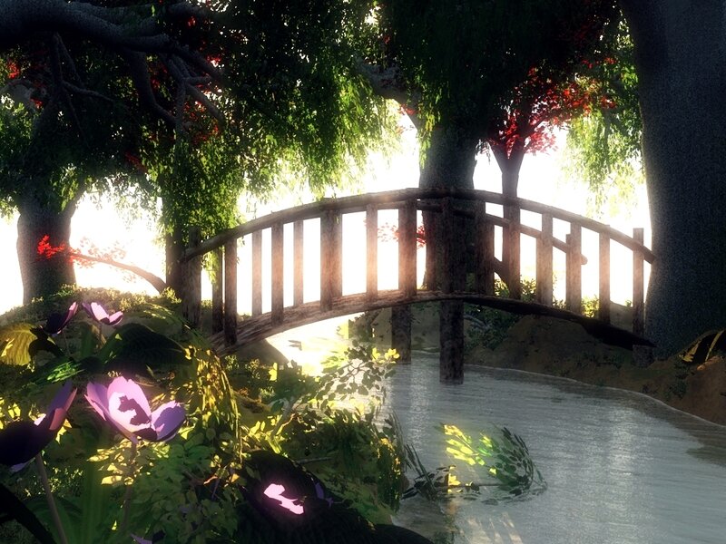 Wooden Bridge over Stream — Green, Serene, Afternoon, 3d Render