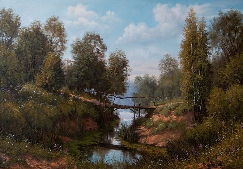 Wooden Bridge over Stream — Green, Serene, Afternoon, Painting