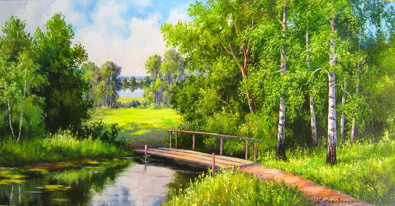 Wooden Bridge over Stream — Green, Serene, Afternoon, Painting, Trees, River