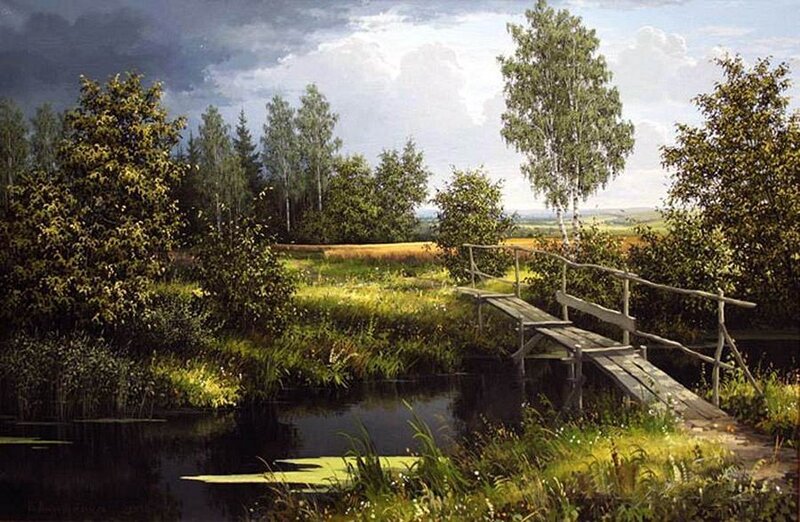 Wooden Bridge over Stream — Green, Serene, Afternoon, Painting, Trees