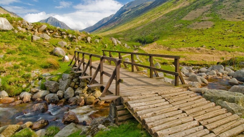 Wooden Bridge over Stream — Green, Serene, Afternoon, Photograph, Mountain