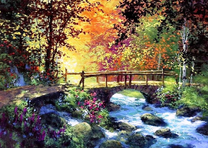 Wooden Bridge over Stream — Green, Serene, Autumn, Painting, Trees