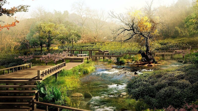 Wooden Bridge over Stream — Green, Serene, Morning, Digital Art