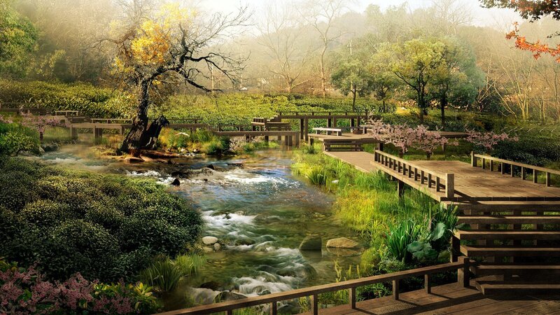 Wooden Bridge over Stream — Green, Serene, Morning, Digital Art, Trees, Tea Fields, Brown