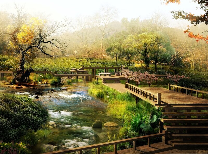 Wooden Bridge over Stream — Green, Serene, Morning, Digital Art, Trees