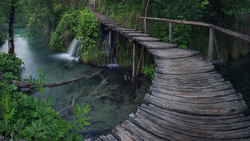 Wooden Bridge over Stream — Green, Serene, Morning, Photograph, Waterfall