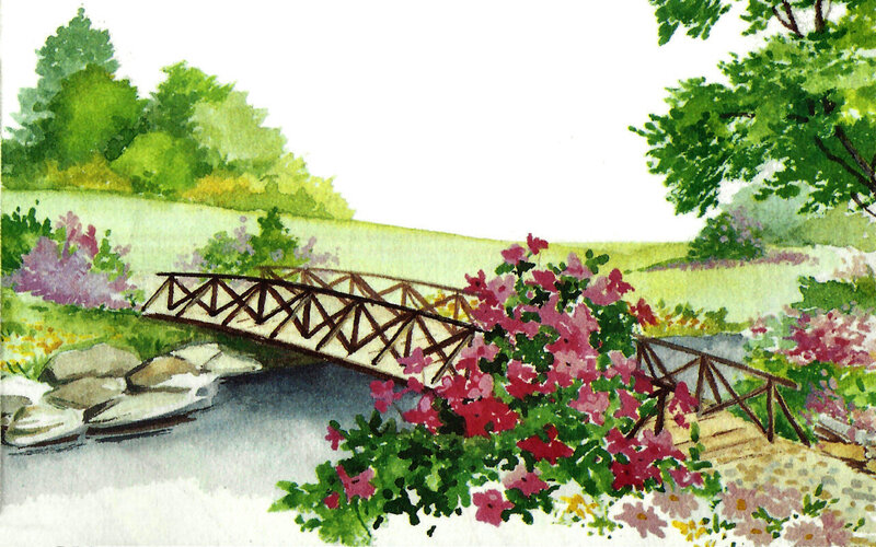 Wooden Bridge over Stream — Green, Serene, Spring, Painting
