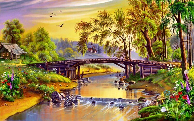 Wooden Bridge over Stream — Green, Serene, Sunset