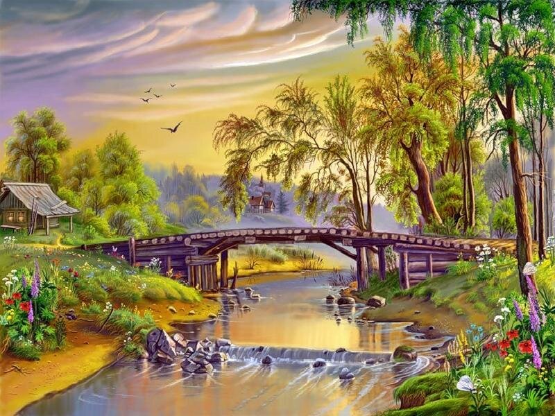 Wooden Bridge over Stream — Green, Serene