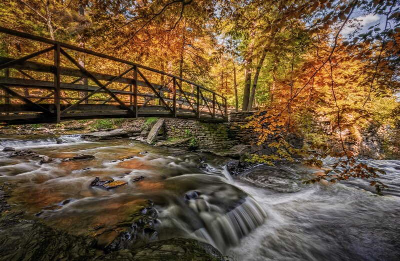 Wooden Bridge over Stream — Orange, Serene, Autumn, Photograph