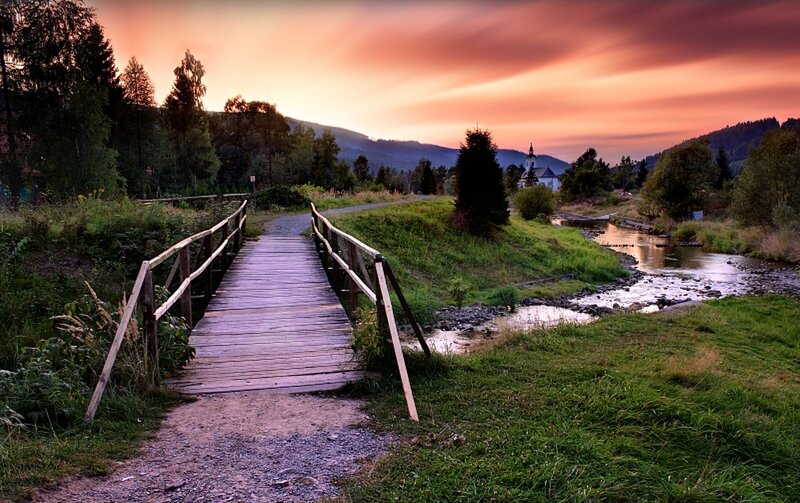 Wooden Bridge over Stream — Purple, Serene