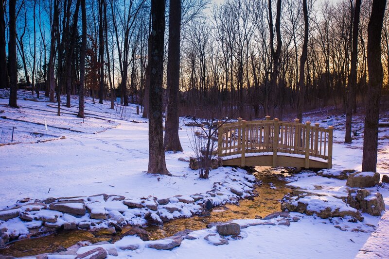 Wooden Bridge over Stream — White, Serene