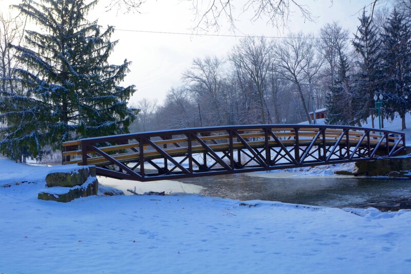 Wooden Bridge over Stream — White, Serene, Winter, Photograph, Snow