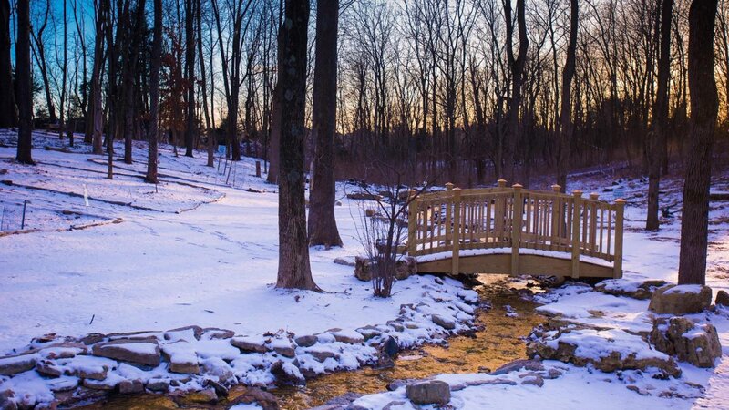 Wooden Bridge over Stream — White, Serene, Winter