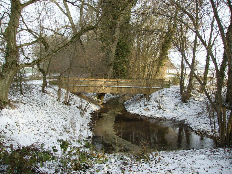 Wooden Bridge over Stream — White