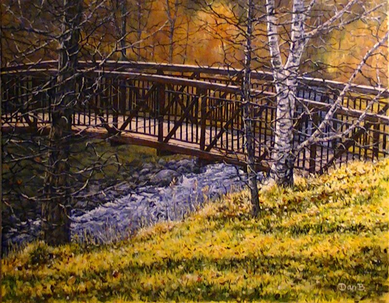 Wooden Bridge over Stream — Yellow, Serene