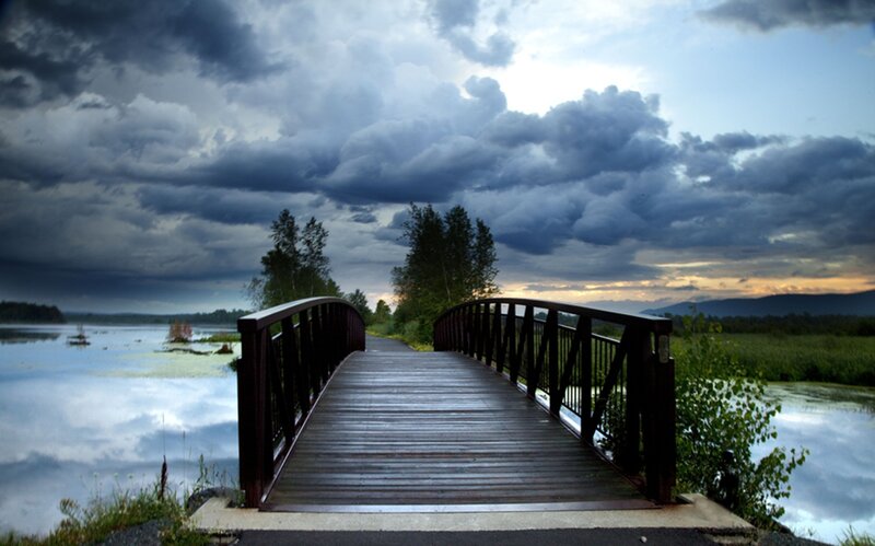 Wooden Bridge over Water — Blue, Dramatic