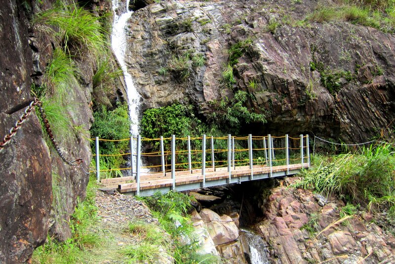 Wooden Bridge over Waterfall — Green, Natural