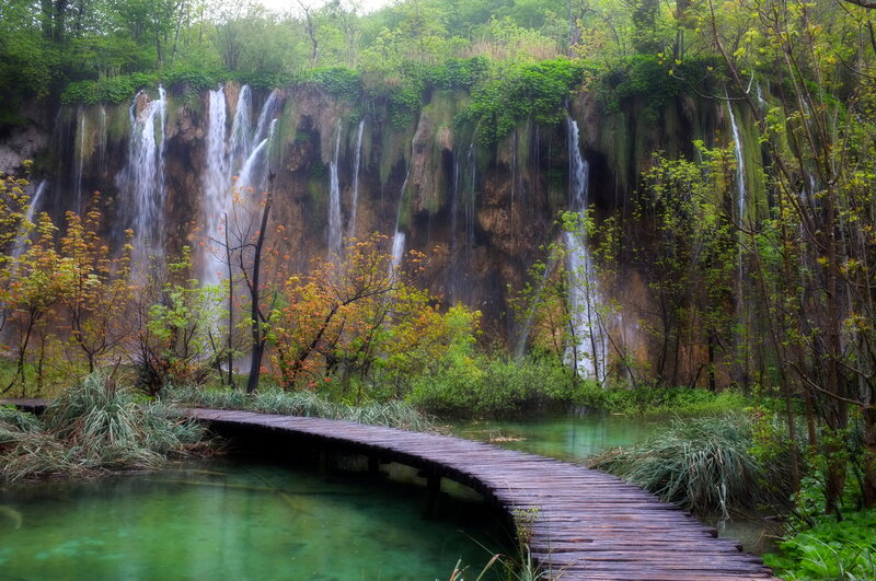 Wooden Bridge over Waterfall — Green, Serene, Spring