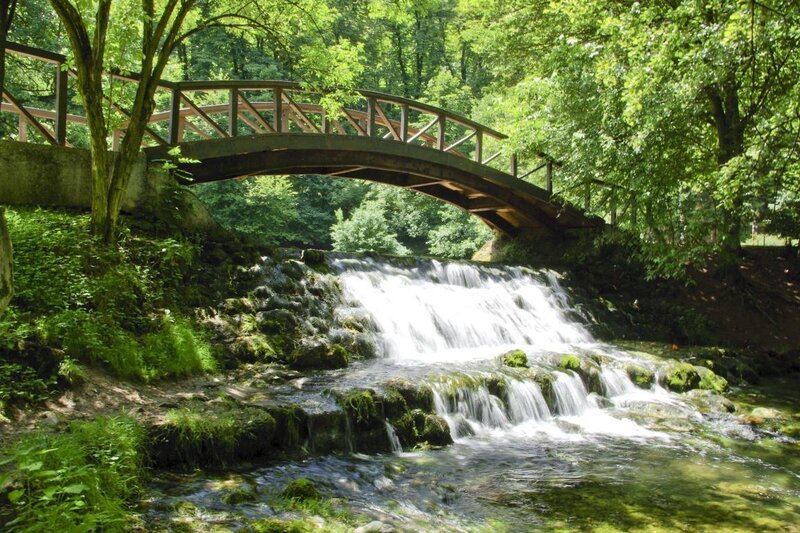 Wooden Bridge over Waterfall — Green