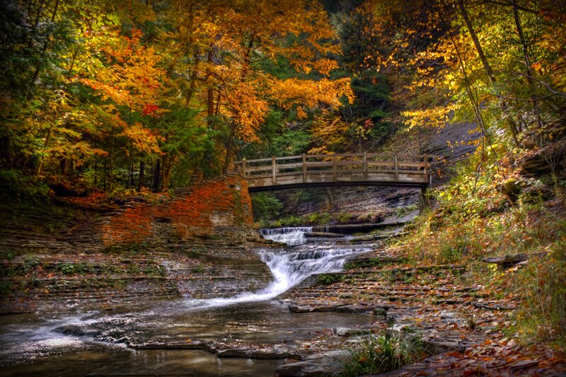 Wooden Bridge over Waterfall — Orange
