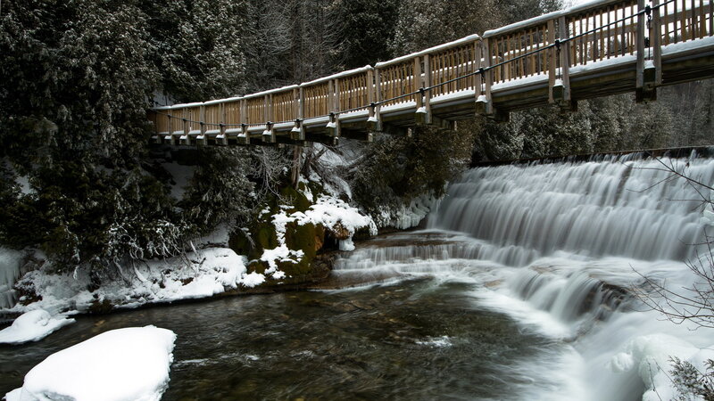 Wooden Bridge over Waterfall — White, Serene