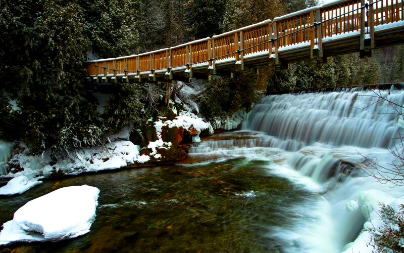 Wooden Bridge over Waterfall — White