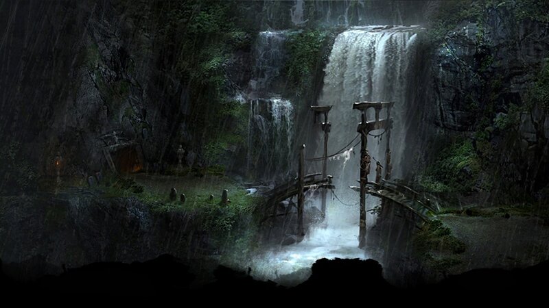 Wooden Bridge under Waterfall