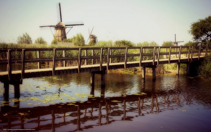 Wooden Bridge with Windmills — Brown