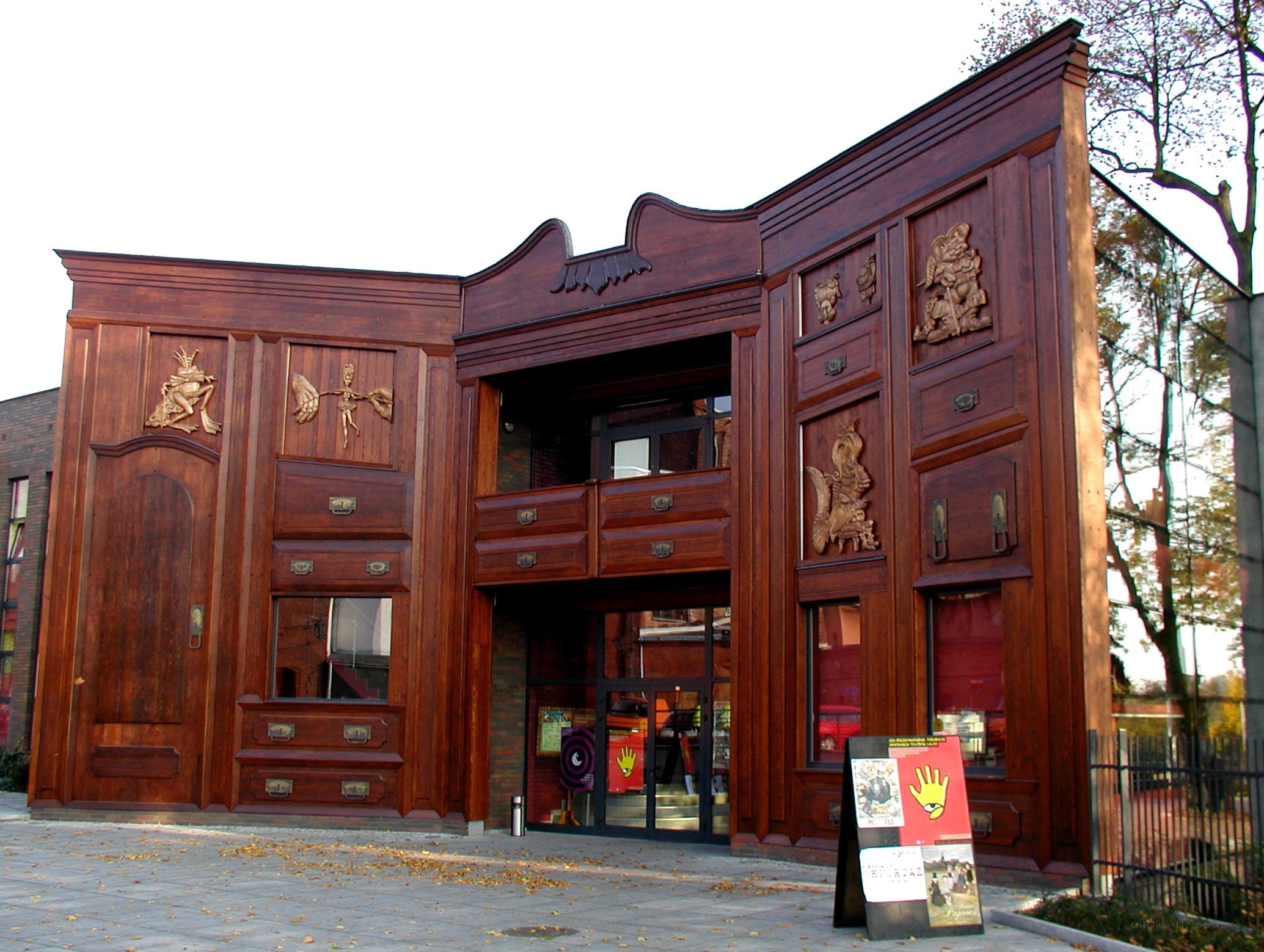 wooden building with carvings