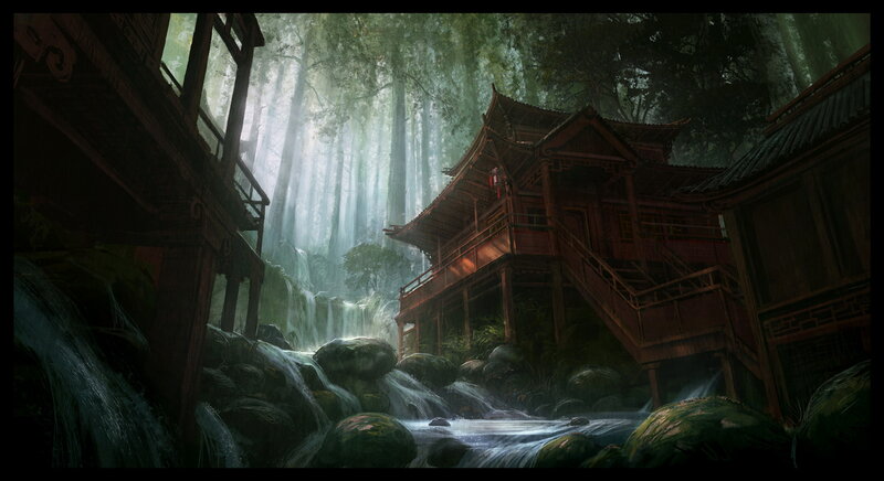 Wooden Buildings in Forest