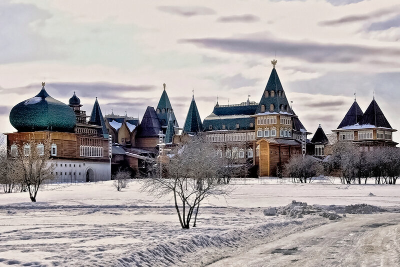 Wooden Buildings in Snow