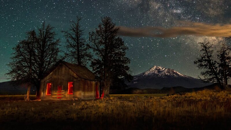 Wooden Cabin at Night — Black, Serene